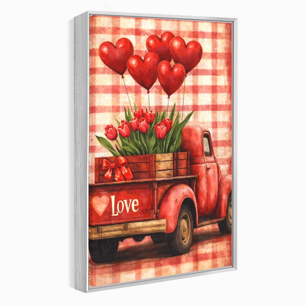 Tablou canvas cu tablou canvas cu un camion rosu vintage, in rama de aluminiu argintiu